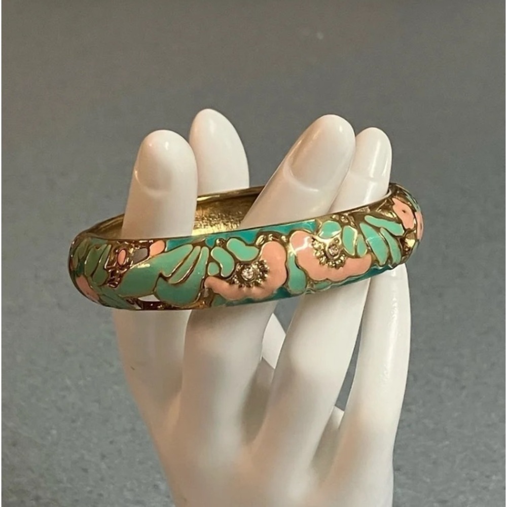 RARE Vintage Estate Signed 18K Gold Cloisonné Floral Design Open Bangle Bracelet